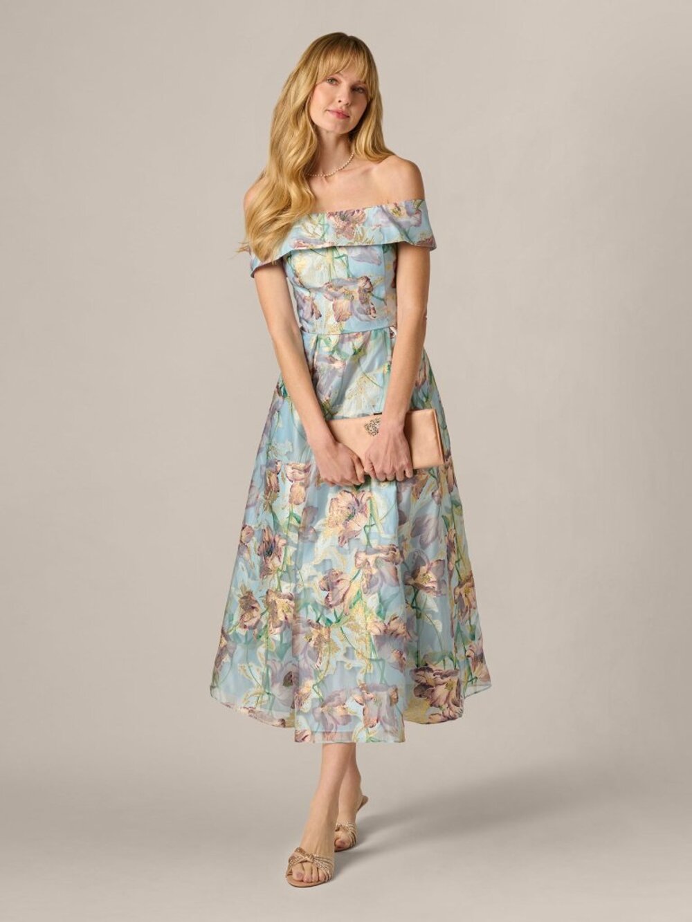 Adrianna Papell Off Shoulder Watercolor Floral Jacquard Ankle Dress In Blue Mult